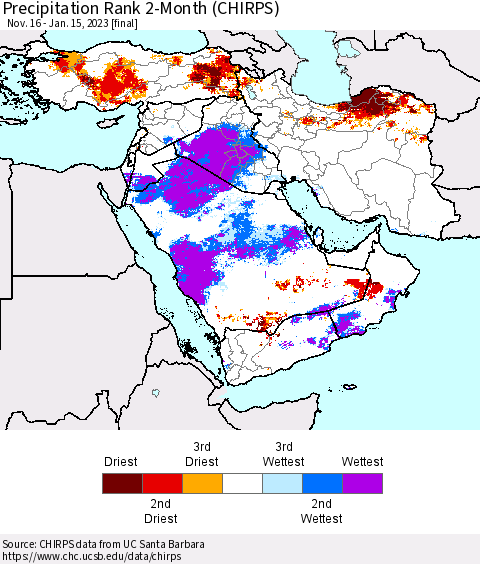 Middle East and Turkey Precipitation Rank since 1981, 2-Month (CHIRPS) Thematic Map For 11/16/2022 - 1/15/2023