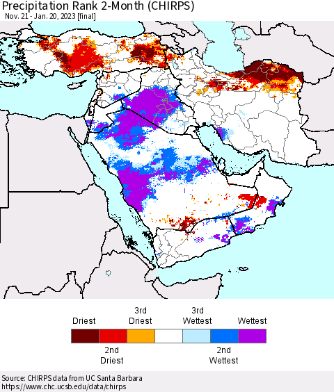 Middle East and Turkey Precipitation Rank since 1981, 2-Month (CHIRPS) Thematic Map For 11/21/2022 - 1/20/2023
