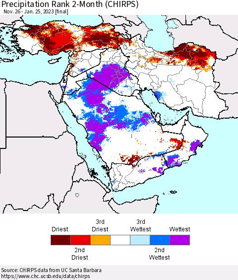 Middle East and Turkey Precipitation Rank since 1981, 2-Month (CHIRPS) Thematic Map For 11/26/2022 - 1/25/2023