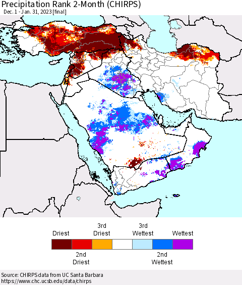 Middle East and Turkey Precipitation Rank since 1981, 2-Month (CHIRPS) Thematic Map For 12/1/2022 - 1/31/2023