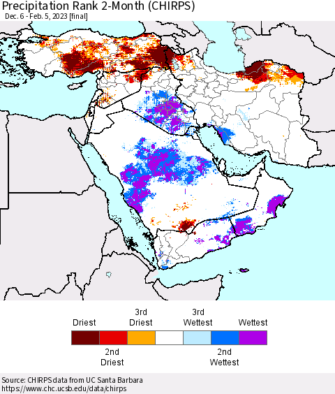 Middle East and Turkey Precipitation Rank since 1981, 2-Month (CHIRPS) Thematic Map For 12/6/2022 - 2/5/2023