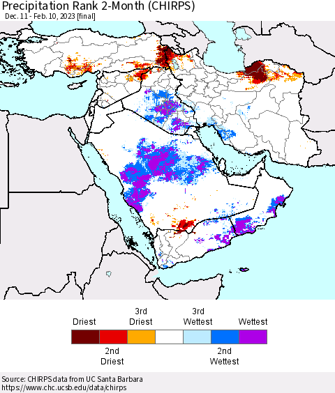 Middle East and Turkey Precipitation Rank since 1981, 2-Month (CHIRPS) Thematic Map For 12/11/2022 - 2/10/2023