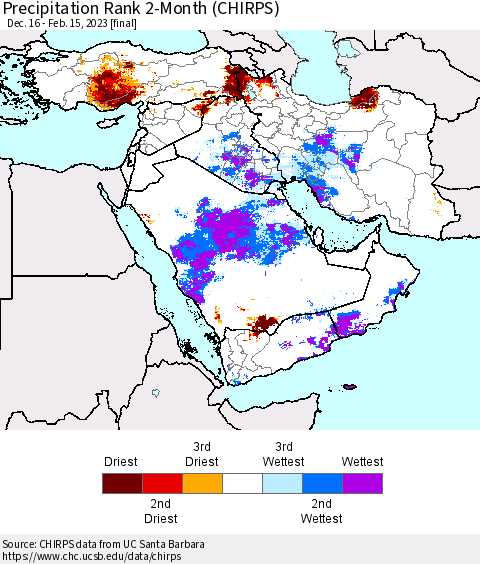 Middle East and Turkey Precipitation Rank since 1981, 2-Month (CHIRPS) Thematic Map For 12/16/2022 - 2/15/2023