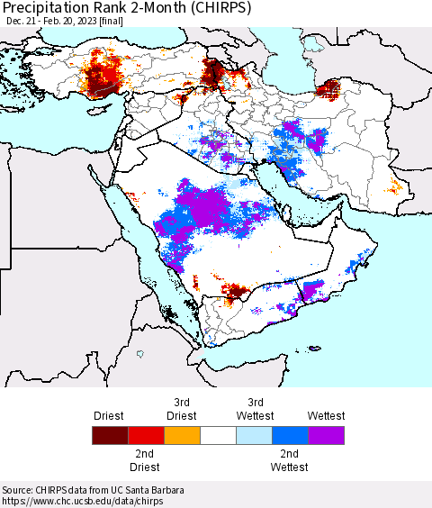 Middle East and Turkey Precipitation Rank since 1981, 2-Month (CHIRPS) Thematic Map For 12/21/2022 - 2/20/2023