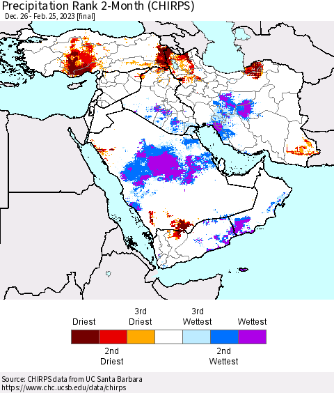 Middle East and Turkey Precipitation Rank since 1981, 2-Month (CHIRPS) Thematic Map For 12/26/2022 - 2/25/2023