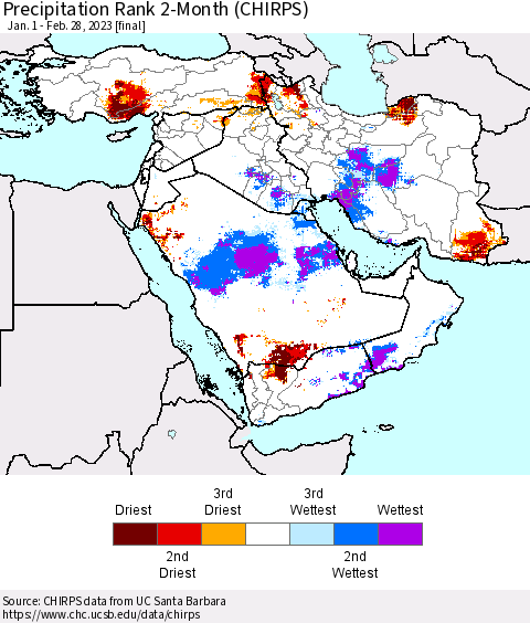 Middle East and Turkey Precipitation Rank since 1981, 2-Month (CHIRPS) Thematic Map For 1/1/2023 - 2/28/2023