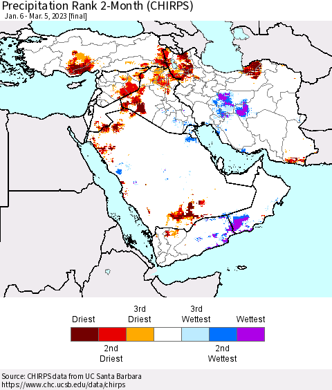 Middle East and Turkey Precipitation Rank since 1981, 2-Month (CHIRPS) Thematic Map For 1/6/2023 - 3/5/2023
