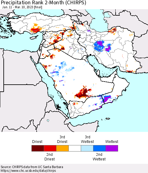 Middle East and Turkey Precipitation Rank since 1981, 2-Month (CHIRPS) Thematic Map For 1/11/2023 - 3/10/2023