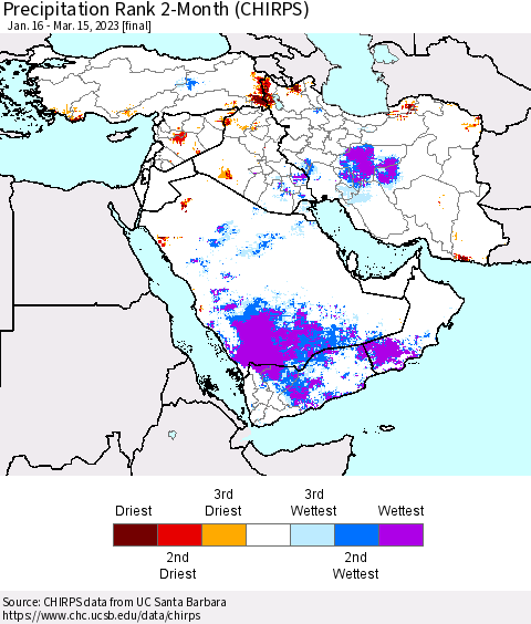 Middle East and Turkey Precipitation Rank since 1981, 2-Month (CHIRPS) Thematic Map For 1/16/2023 - 3/15/2023