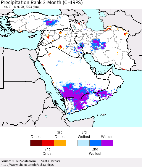 Middle East and Turkey Precipitation Rank since 1981, 2-Month (CHIRPS) Thematic Map For 1/21/2023 - 3/20/2023