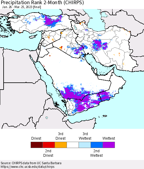 Middle East and Turkey Precipitation Rank since 1981, 2-Month (CHIRPS) Thematic Map For 1/26/2023 - 3/25/2023