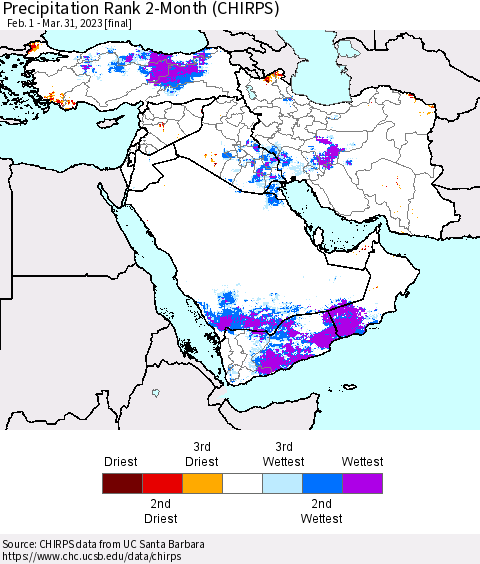 Middle East and Turkey Precipitation Rank since 1981, 2-Month (CHIRPS) Thematic Map For 2/1/2023 - 3/31/2023