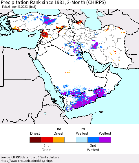 Middle East and Turkey Precipitation Rank since 1981, 2-Month (CHIRPS) Thematic Map For 2/6/2023 - 4/5/2023