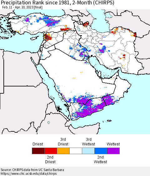 Middle East and Turkey Precipitation Rank since 1981, 2-Month (CHIRPS) Thematic Map For 2/11/2023 - 4/10/2023