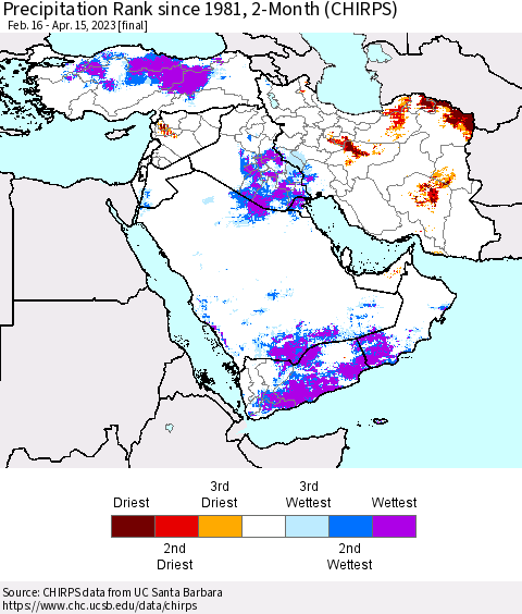 Middle East and Turkey Precipitation Rank since 1981, 2-Month (CHIRPS) Thematic Map For 2/16/2023 - 4/15/2023