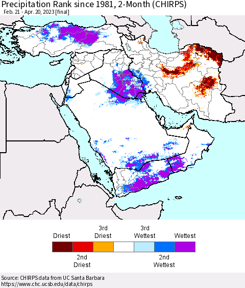 Middle East and Turkey Precipitation Rank since 1981, 2-Month (CHIRPS) Thematic Map For 2/21/2023 - 4/20/2023