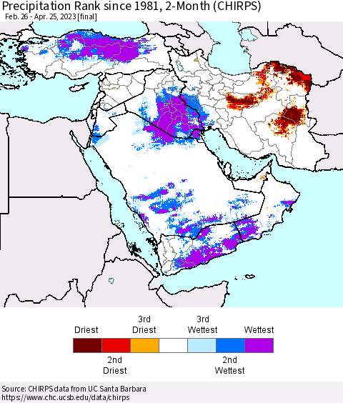 Middle East and Turkey Precipitation Rank since 1981, 2-Month (CHIRPS) Thematic Map For 2/26/2023 - 4/25/2023