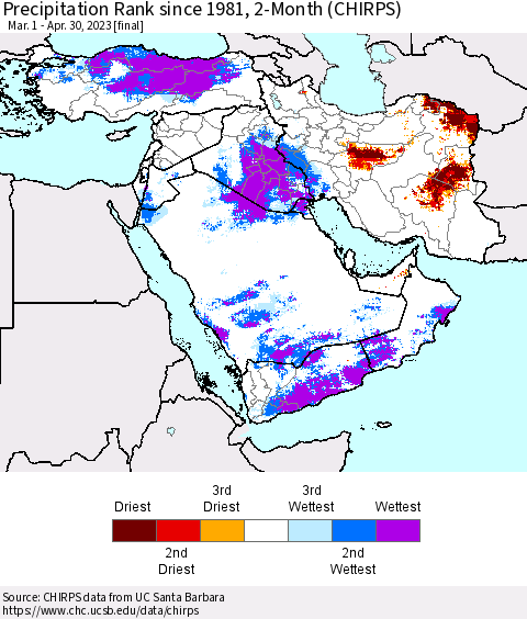 Middle East and Turkey Precipitation Rank since 1981, 2-Month (CHIRPS) Thematic Map For 3/1/2023 - 4/30/2023
