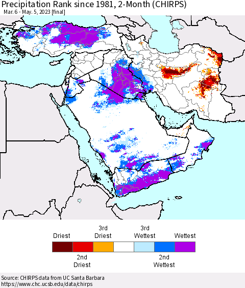 Middle East and Turkey Precipitation Rank since 1981, 2-Month (CHIRPS) Thematic Map For 3/6/2023 - 5/5/2023
