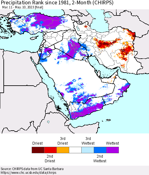 Middle East and Turkey Precipitation Rank since 1981, 2-Month (CHIRPS) Thematic Map For 3/11/2023 - 5/10/2023