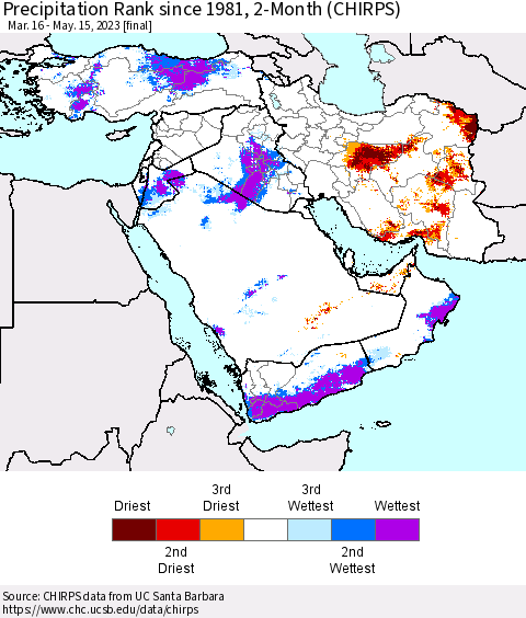 Middle East and Turkey Precipitation Rank since 1981, 2-Month (CHIRPS) Thematic Map For 3/16/2023 - 5/15/2023