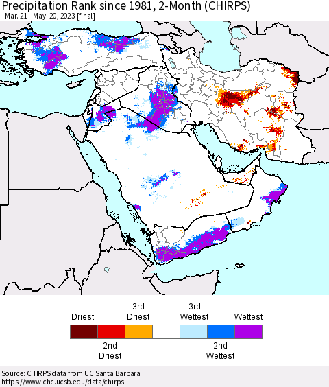Middle East and Turkey Precipitation Rank since 1981, 2-Month (CHIRPS) Thematic Map For 3/21/2023 - 5/20/2023