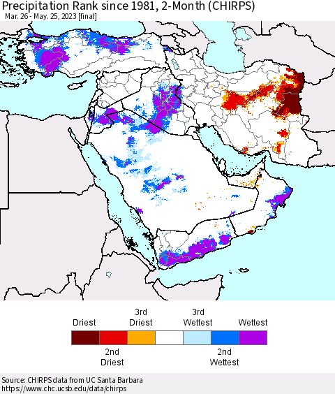 Middle East and Turkey Precipitation Rank since 1981, 2-Month (CHIRPS) Thematic Map For 3/26/2023 - 5/25/2023