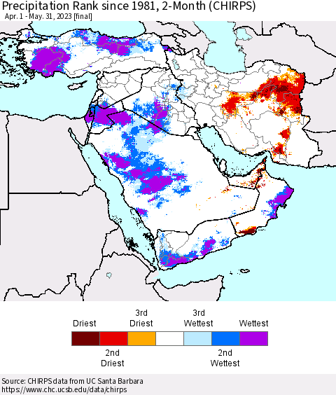Middle East and Turkey Precipitation Rank since 1981, 2-Month (CHIRPS) Thematic Map For 4/1/2023 - 5/31/2023