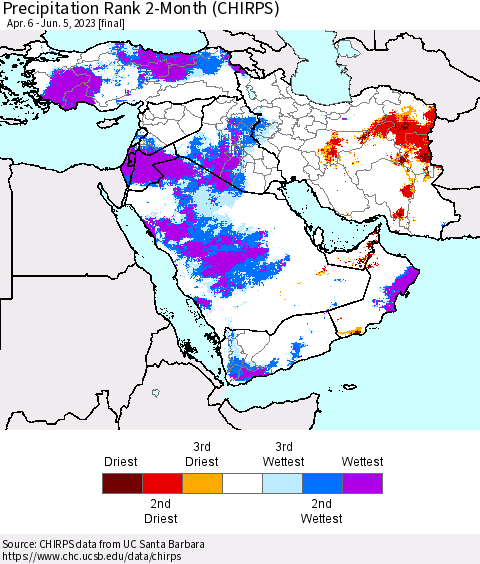 Middle East and Turkey Precipitation Rank since 1981, 2-Month (CHIRPS) Thematic Map For 4/6/2023 - 6/5/2023