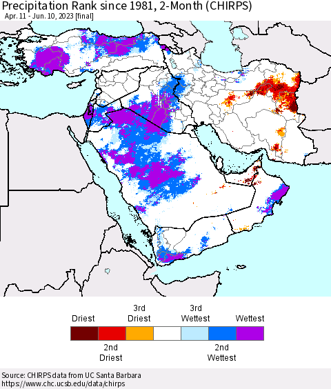 Middle East and Turkey Precipitation Rank since 1981, 2-Month (CHIRPS) Thematic Map For 4/11/2023 - 6/10/2023