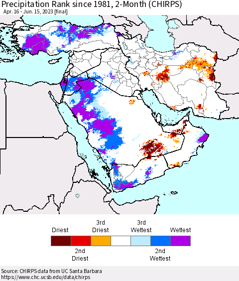 Middle East and Turkey Precipitation Rank since 1981, 2-Month (CHIRPS) Thematic Map For 4/16/2023 - 6/15/2023