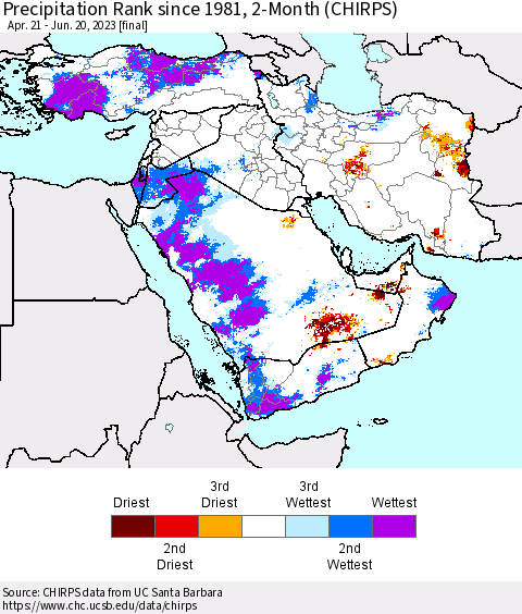 Middle East and Turkey Precipitation Rank since 1981, 2-Month (CHIRPS) Thematic Map For 4/21/2023 - 6/20/2023