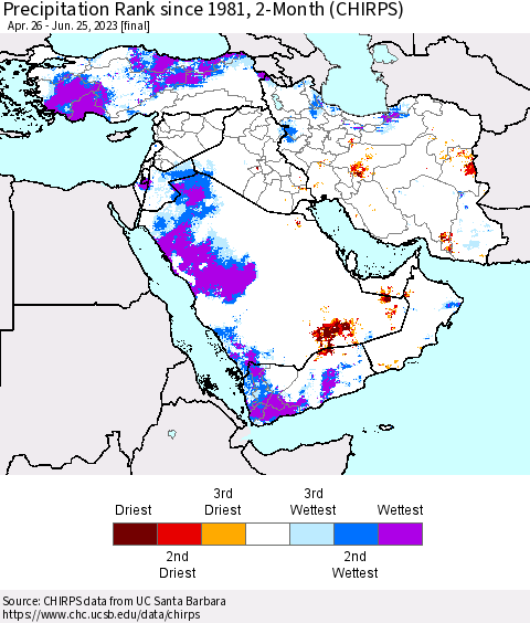 Middle East and Turkey Precipitation Rank since 1981, 2-Month (CHIRPS) Thematic Map For 4/26/2023 - 6/25/2023