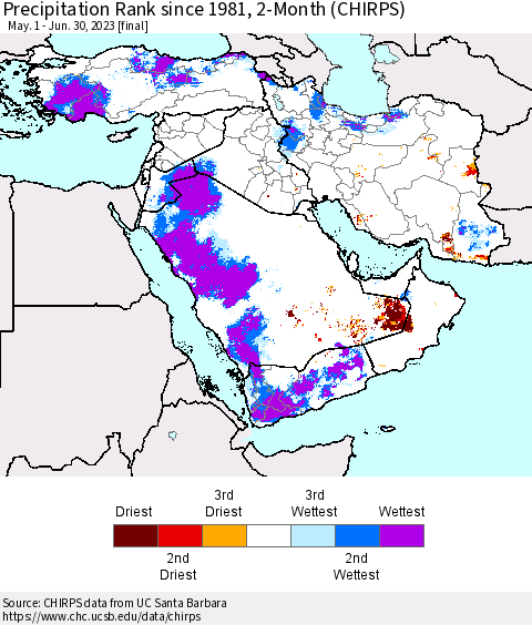 Middle East and Turkey Precipitation Rank since 1981, 2-Month (CHIRPS) Thematic Map For 5/1/2023 - 6/30/2023