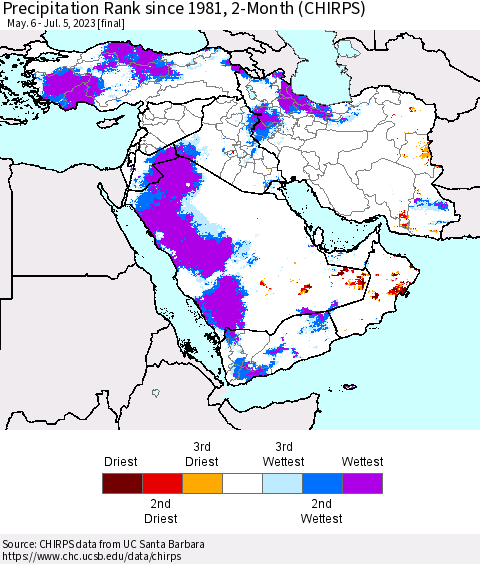 Middle East and Turkey Precipitation Rank since 1981, 2-Month (CHIRPS) Thematic Map For 5/6/2023 - 7/5/2023