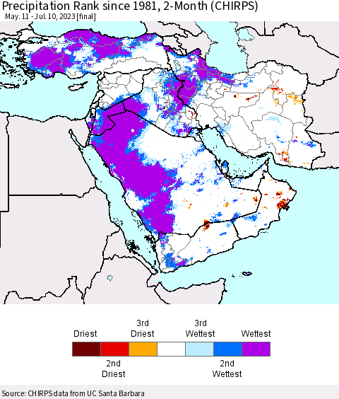 Middle East and Turkey Precipitation Rank since 1981, 2-Month (CHIRPS) Thematic Map For 5/11/2023 - 7/10/2023
