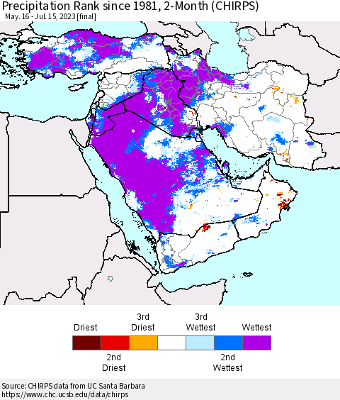 Middle East and Turkey Precipitation Rank since 1981, 2-Month (CHIRPS) Thematic Map For 5/16/2023 - 7/15/2023
