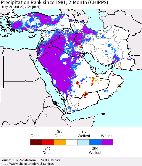 Middle East and Turkey Precipitation Rank since 1981, 2-Month (CHIRPS) Thematic Map For 5/21/2023 - 7/20/2023