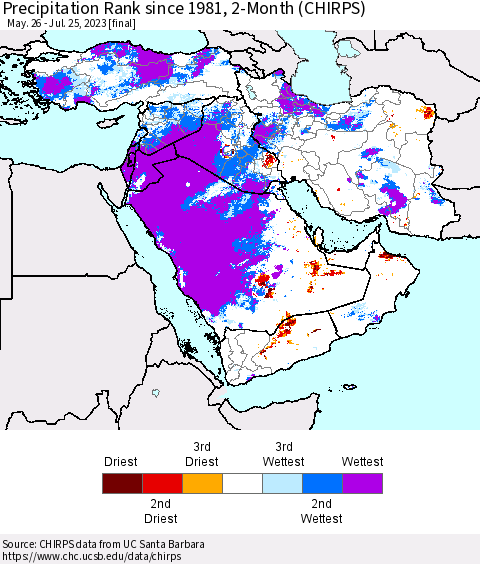 Middle East and Turkey Precipitation Rank since 1981, 2-Month (CHIRPS) Thematic Map For 5/26/2023 - 7/25/2023