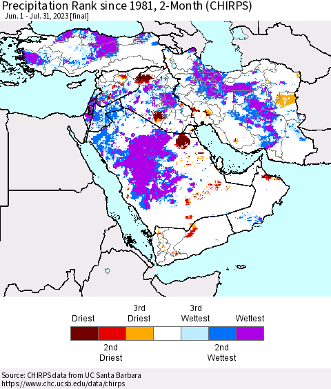 Middle East and Turkey Precipitation Rank since 1981, 2-Month (CHIRPS) Thematic Map For 6/1/2023 - 7/31/2023