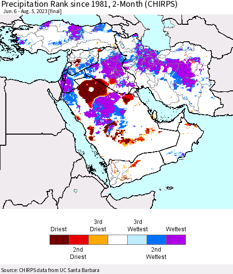 Middle East and Turkey Precipitation Rank since 1981, 2-Month (CHIRPS) Thematic Map For 6/6/2023 - 8/5/2023