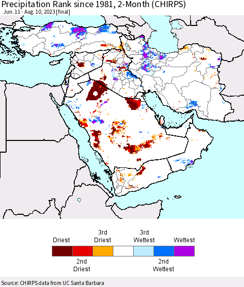 Middle East and Turkey Precipitation Rank since 1981, 2-Month (CHIRPS) Thematic Map For 6/11/2023 - 8/10/2023