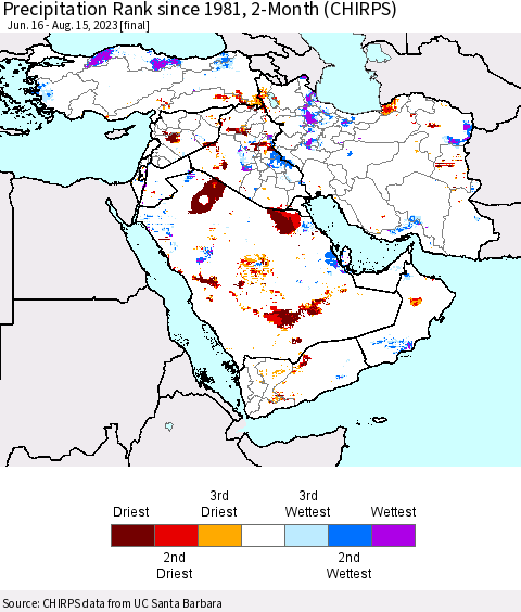 Middle East and Turkey Precipitation Rank since 1981, 2-Month (CHIRPS) Thematic Map For 6/16/2023 - 8/15/2023