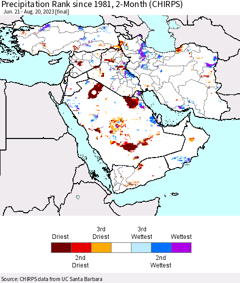 Middle East and Turkey Precipitation Rank since 1981, 2-Month (CHIRPS) Thematic Map For 6/21/2023 - 8/20/2023