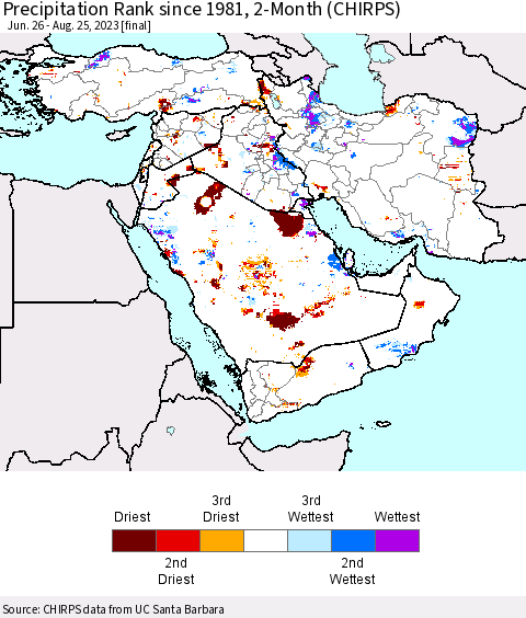 Middle East and Turkey Precipitation Rank since 1981, 2-Month (CHIRPS) Thematic Map For 6/26/2023 - 8/25/2023