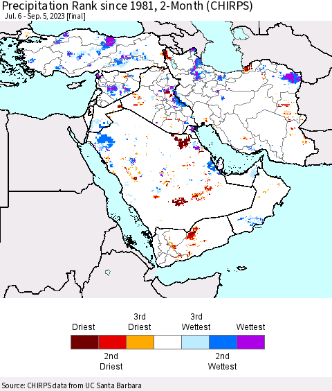 Middle East and Turkey Precipitation Rank since 1981, 2-Month (CHIRPS) Thematic Map For 7/6/2023 - 9/5/2023