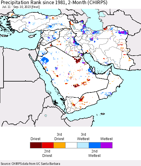 Middle East and Turkey Precipitation Rank since 1981, 2-Month (CHIRPS) Thematic Map For 7/11/2023 - 9/10/2023