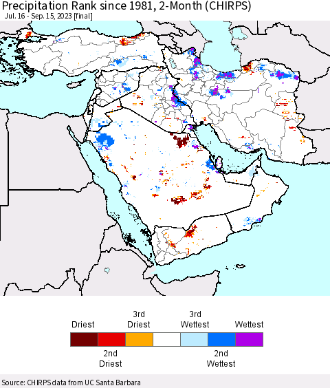 Middle East and Turkey Precipitation Rank since 1981, 2-Month (CHIRPS) Thematic Map For 7/16/2023 - 9/15/2023