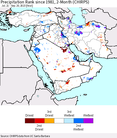 Middle East and Turkey Precipitation Rank since 1981, 2-Month (CHIRPS) Thematic Map For 7/21/2023 - 9/20/2023