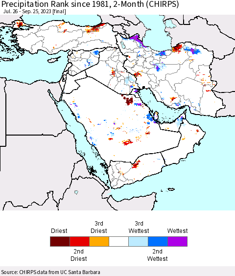 Middle East and Turkey Precipitation Rank since 1981, 2-Month (CHIRPS) Thematic Map For 7/26/2023 - 9/25/2023